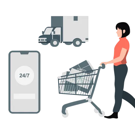 Young Girl pushing shopping trolley  Illustration