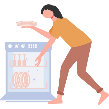 Young girl putting plates in dishwasher  Illustration