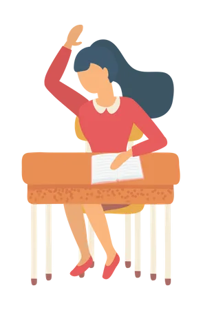Young girl raised hand in class room  Illustration