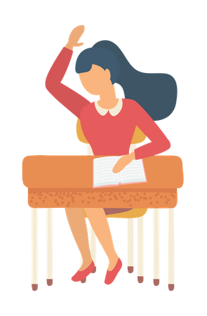 Young girl raised hand in class room  Illustration