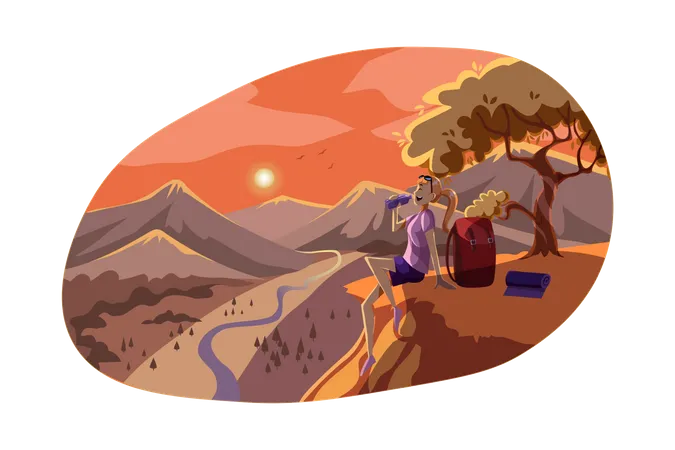 Young girl reached at top of hiking point  Illustration