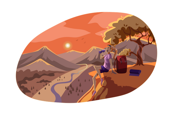 Young girl reached at top of hiking point  Illustration