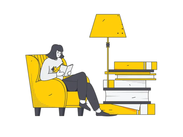 Young girl reading at home on sofa  Illustration