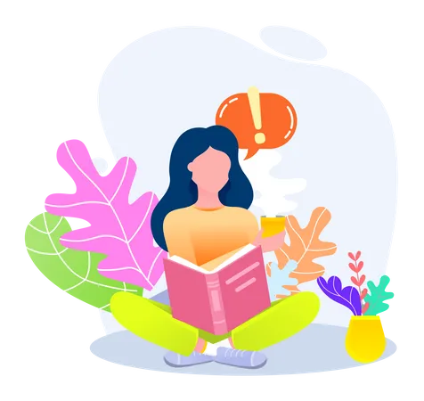 Young Woman Reading Book Sitting In Lotus Position Near Bunch Of Colored Large Leaves Studying At Home Student Resting With Book Female Character Is Fond Of Literature Enjoys Reading Gets Education Illustration
