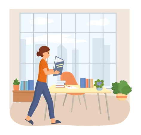 Young Woman Reading Book Standing Near Stack Of Books In Living Room Studying At Home Housewife Resting With Book Female Character Is Fond Of Literature Enjoys Reading Gets Education Illustration