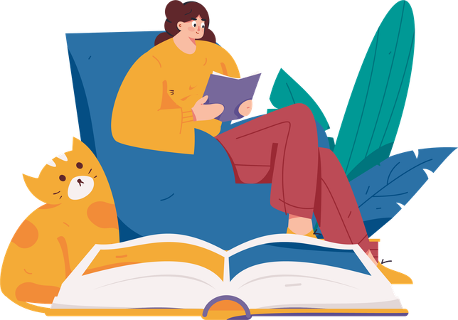 Young girl reading book at home  Illustration