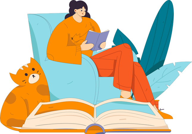 Young girl reading book at home  Illustration