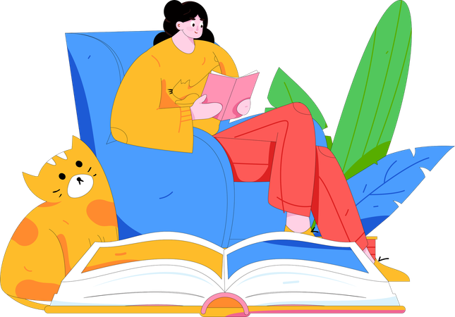 Young girl reading book at home  Illustration