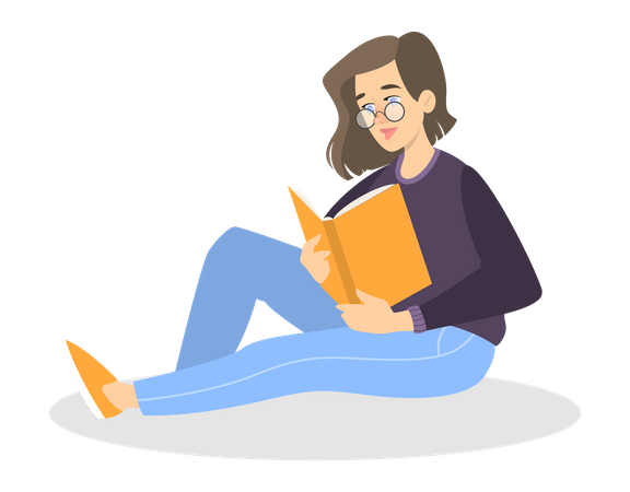 Young girl reading book while sitting on floor  Illustration