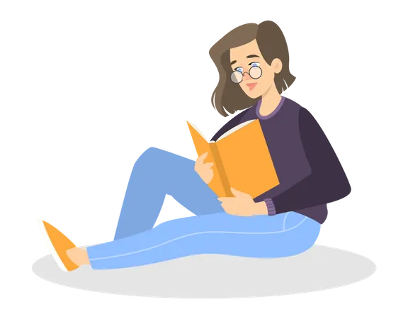 Young girl reading book while sitting on floor  Illustration