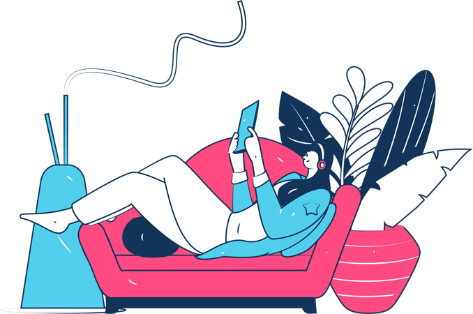 Young girl reading book with listening music  Illustration