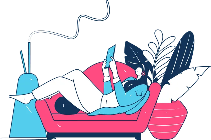 Young girl reading book with listening music  Illustration