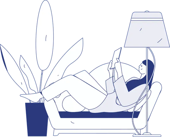 Young girl reading book with listening music  Illustration