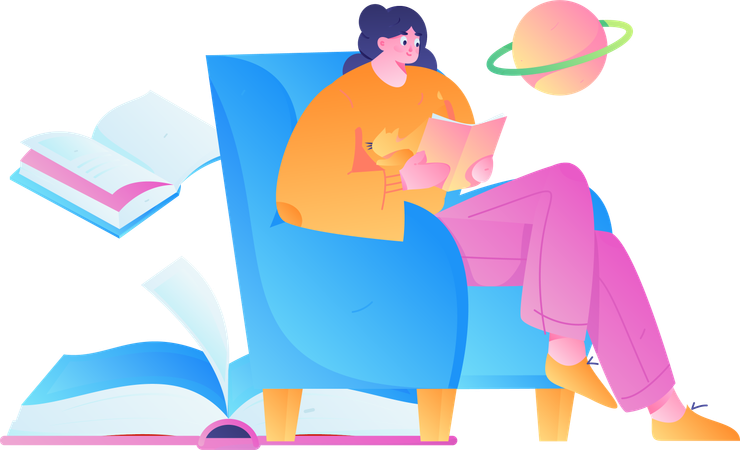 Young girl reading space book on sofa  Illustration