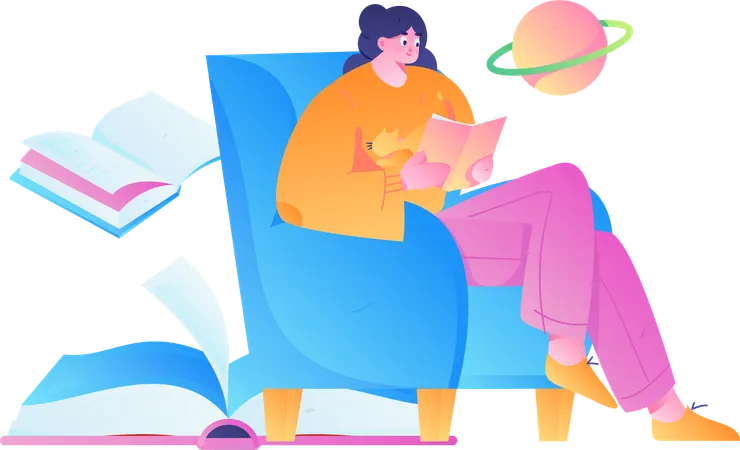 Young girl reading space book on sofa  Illustration