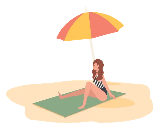 Young Girl Relaxing On The Beach Sit On Mat Under An Umbrella  Illustration