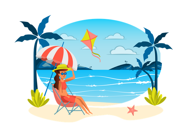 Young girl resting at tropical island. Illustration