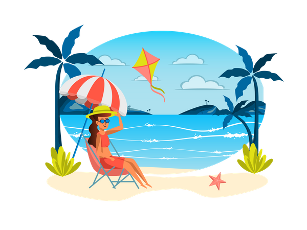 Young girl resting at tropical island.  Illustration