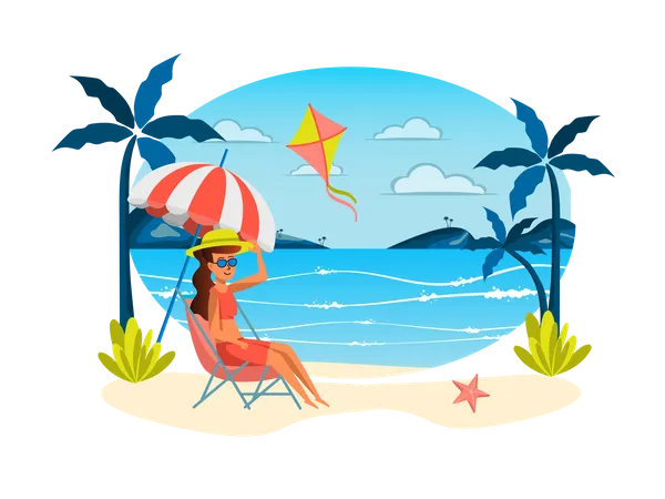 Young girl resting at tropical island.  Illustration