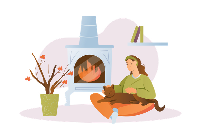 Young girl rests with her cat by fireplace  Illustration