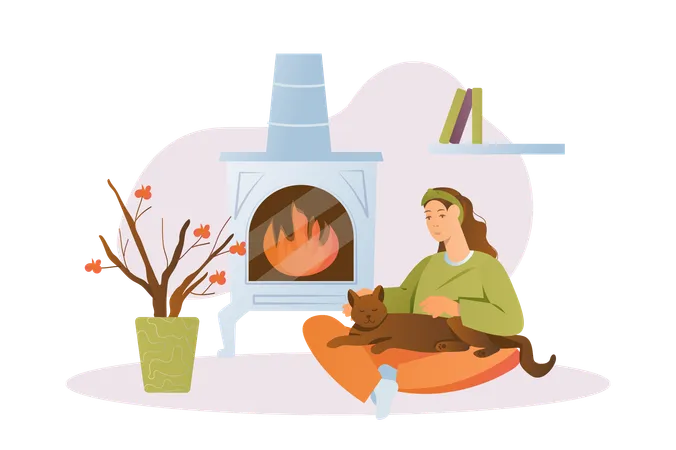 Young girl rests with her cat by fireplace  Illustration