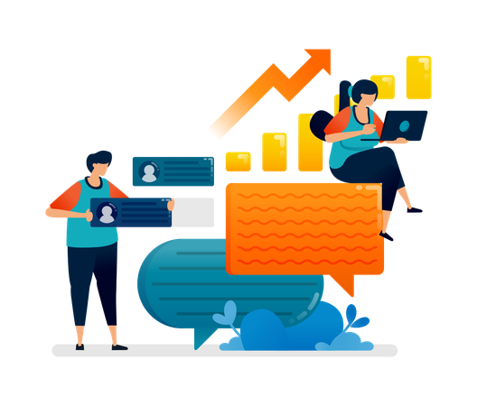 Young girl reviewing company performance on bar charts to give opinions  Illustration