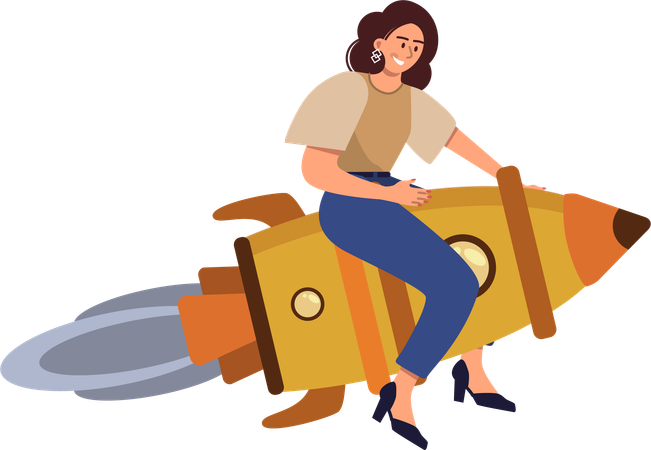 Young girl riding on rocket  Illustration