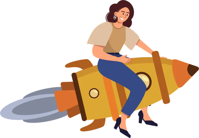 Young girl riding on rocket  Illustration