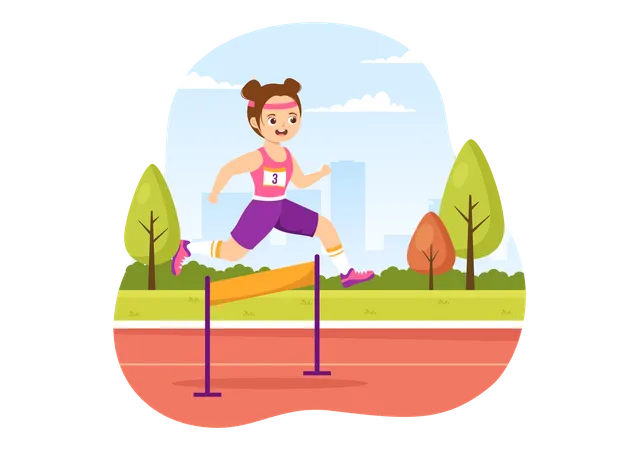 Young Girl running in hurdle race  Illustration