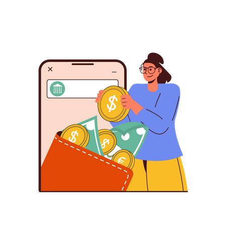 Young girl savings money in digital wallet  Illustration