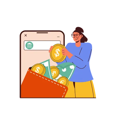 Young girl savings money in digital wallet  Illustration