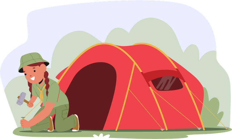 Young Girl Scout Setup Tent In Grassy Outdoor Area  Illustration