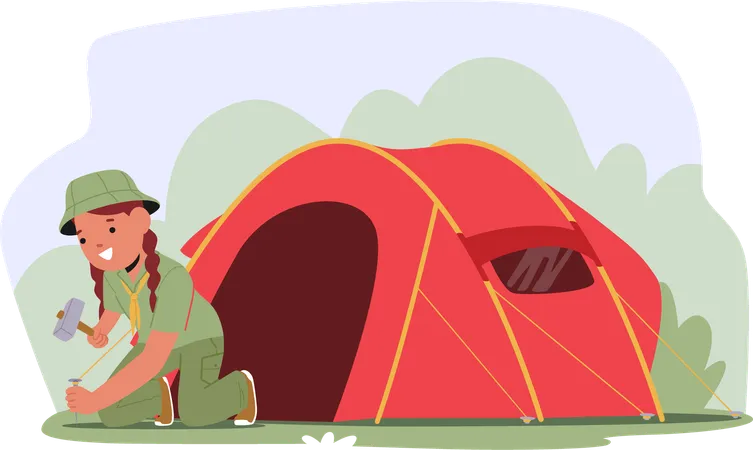 Young Girl Scout Setup Tent In Grassy Outdoor Area  Illustration