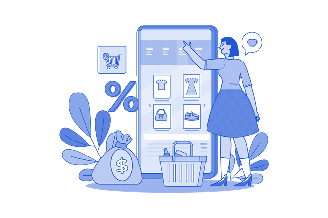 Young girl searching product on E-Shop  Illustration