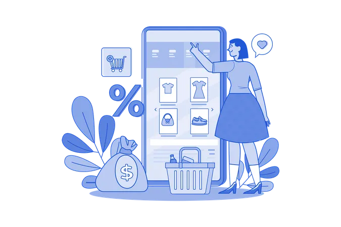 A Young Girl Searching For Goods In An E Shop Illustration