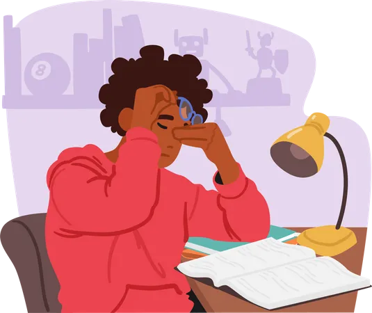 Young Woman Seated At Home Table Cluttered With Books Rubs Her Tired Eyes While Holding A Pair Of Glasses Depicting The Struggle Of Studying Or Working From Home Cartoon People Vector Illustration Illustration