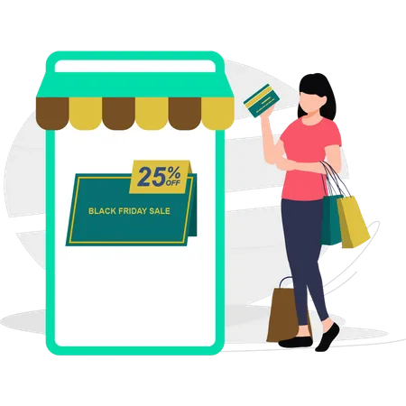 Young girl shopping at 25% off  Illustration