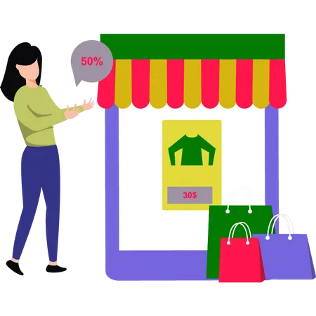Young girl shopping at 50% off  Illustration