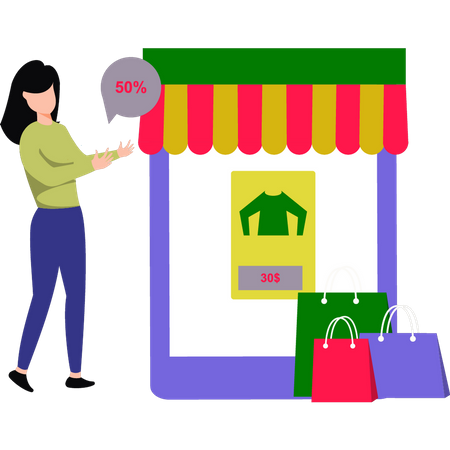 Young girl shopping at 50% off  Illustration