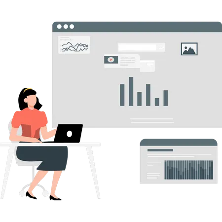 Young girl showing business graph on web page  Illustration