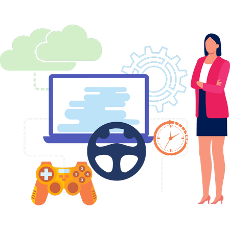 Young Girl Showing Different Game Controllers Illustration