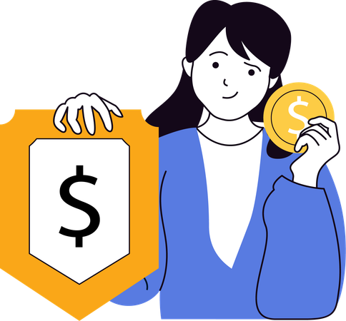 Young girl showing dollar coin while having financial safety  Illustration