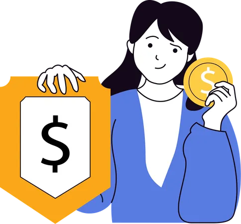 Young girl showing dollar coin while having financial safety  Illustration