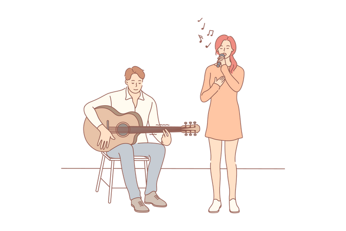 Young girl singing and man playing guitar  Illustration