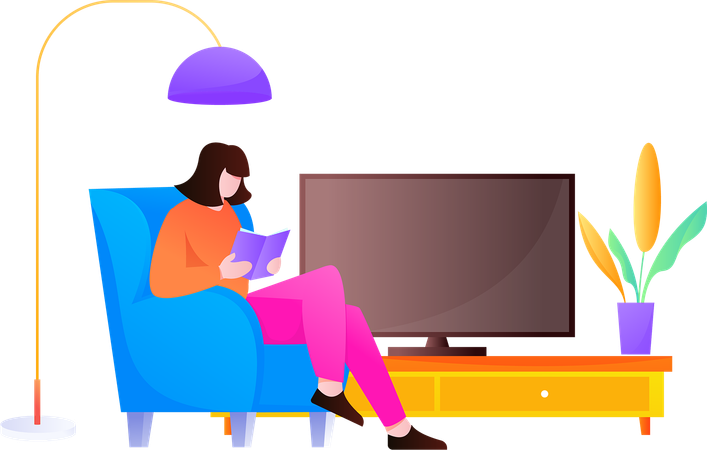 Young girl sitting on armchair while reading book  Illustration