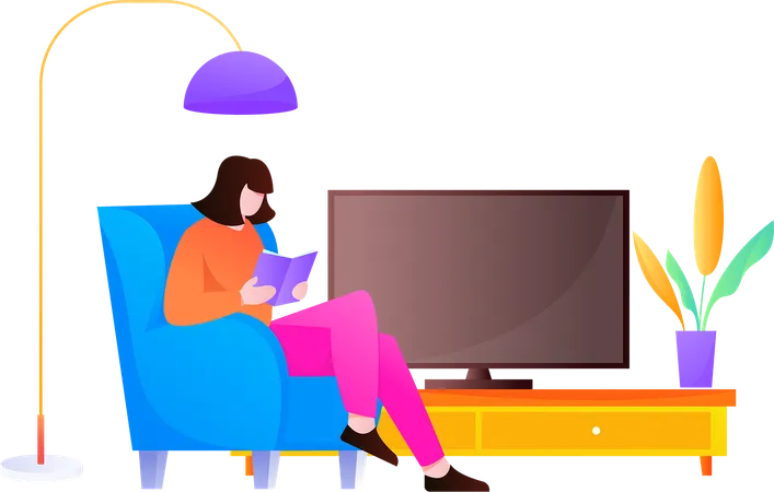 Young girl sitting on armchair while reading book  Illustration