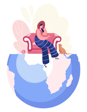 Young girl sitting on comfy sofa standing on half globe looking at cat  일러스트레이션