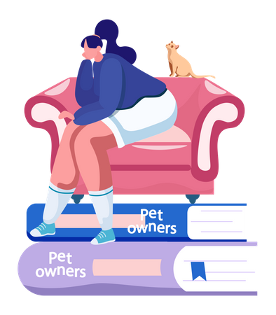 Young girl sitting on couch waiting for cat  Illustration