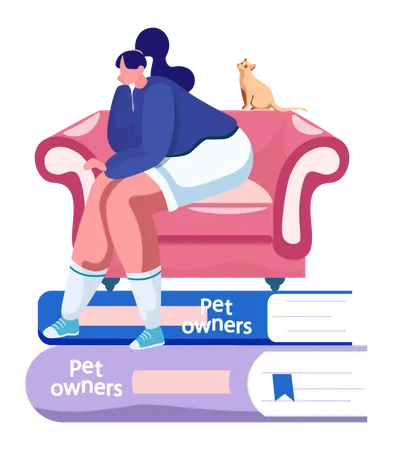Young Woman In Summer Clothes Sits On A Sofa With A Ginger Cat On A Stack Of Books Female At Home Is Resting With A Pet Looking Up Romantic Or Thoughtful Girl Dreaming With A Kitty Flat Vector Illustration