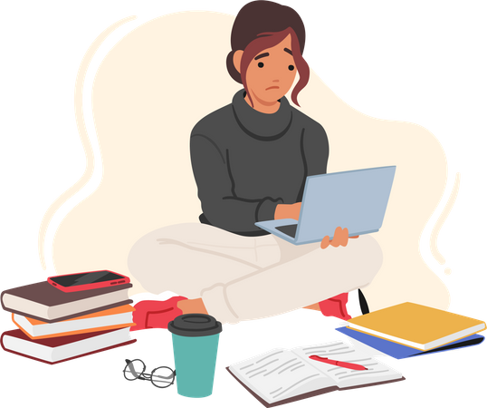 Young girl Sitting On Floor With Laptop And Books Illustration